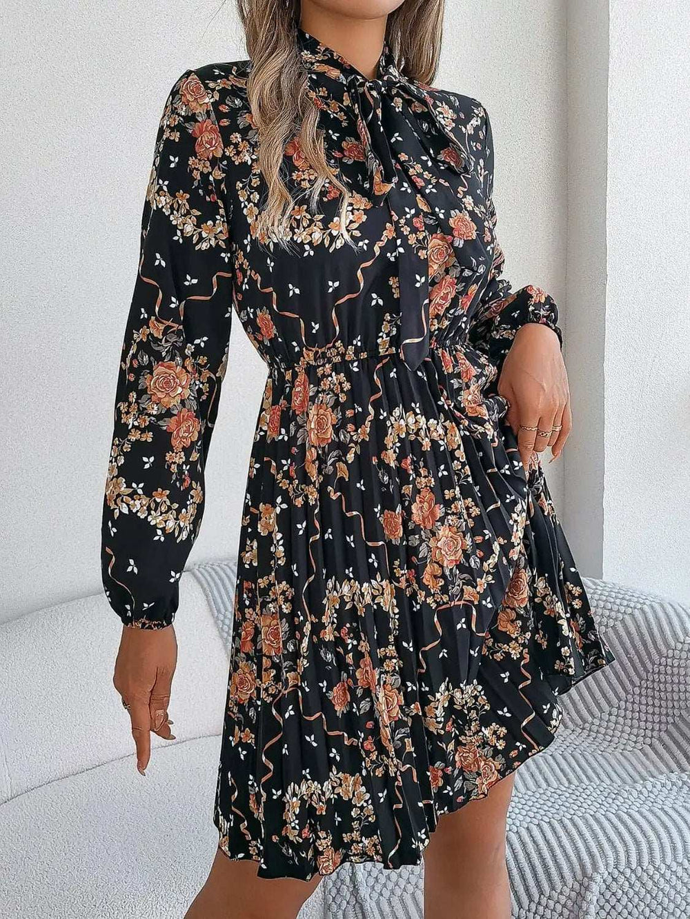 Pleated Printed Tie Neck Long Sleeve Dress - Trendsi - Flyclothing LLC