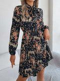 Pleated Printed Tie Neck Long Sleeve Dress - Trendsi - Flyclothing LLC