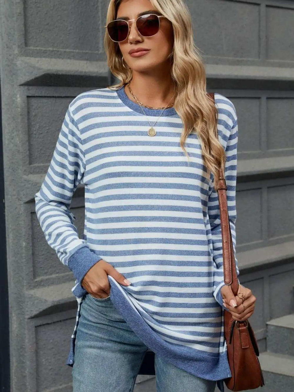 Striped Round Neck Long Sleeve T-Shirt - Trendsi - Flyclothing LLC