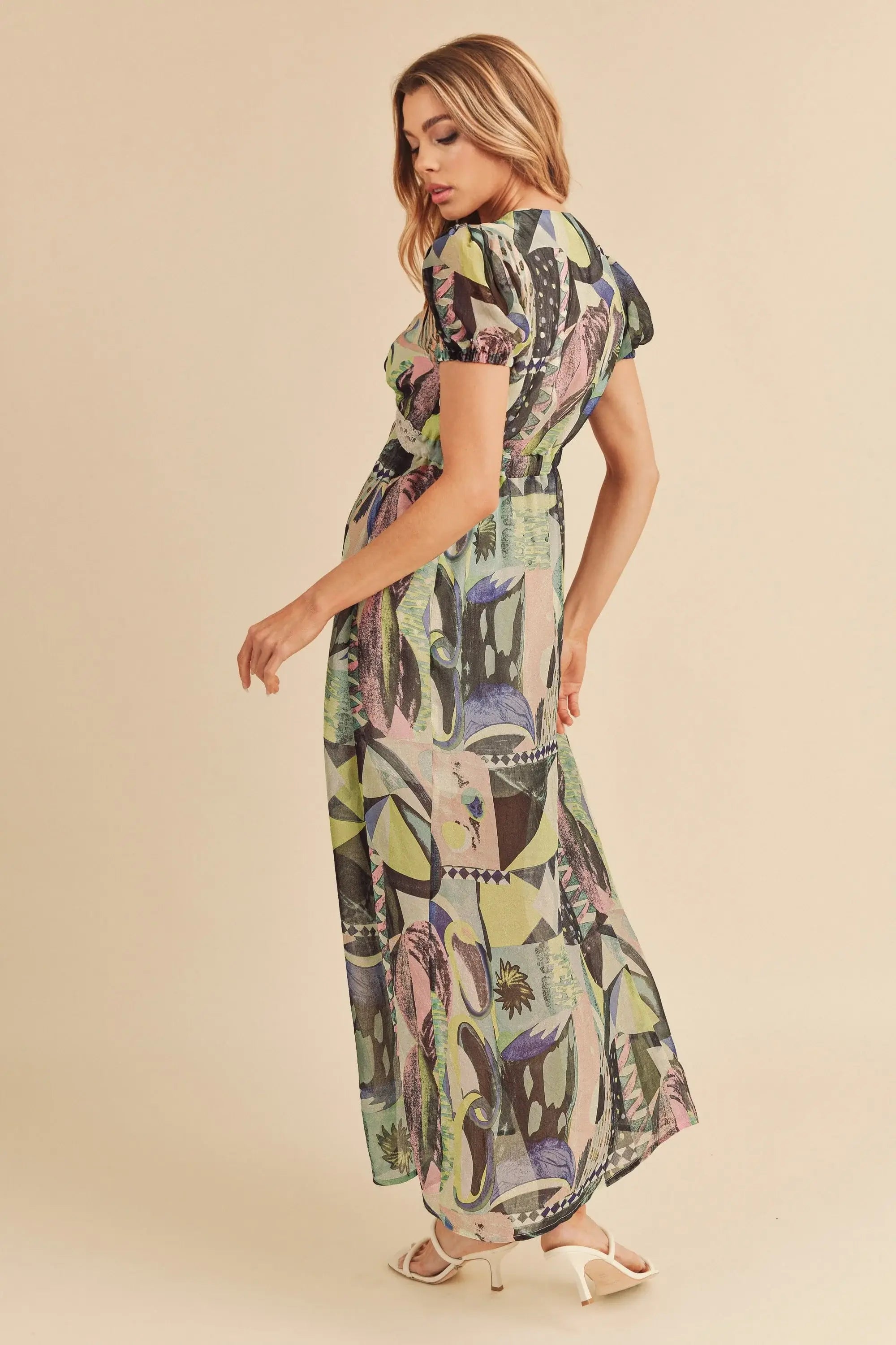 Aemi + Co Lace Detail Slit Geometric Print Short Sleeve Maxi Dress - Trendsi - Flyclothing LLC