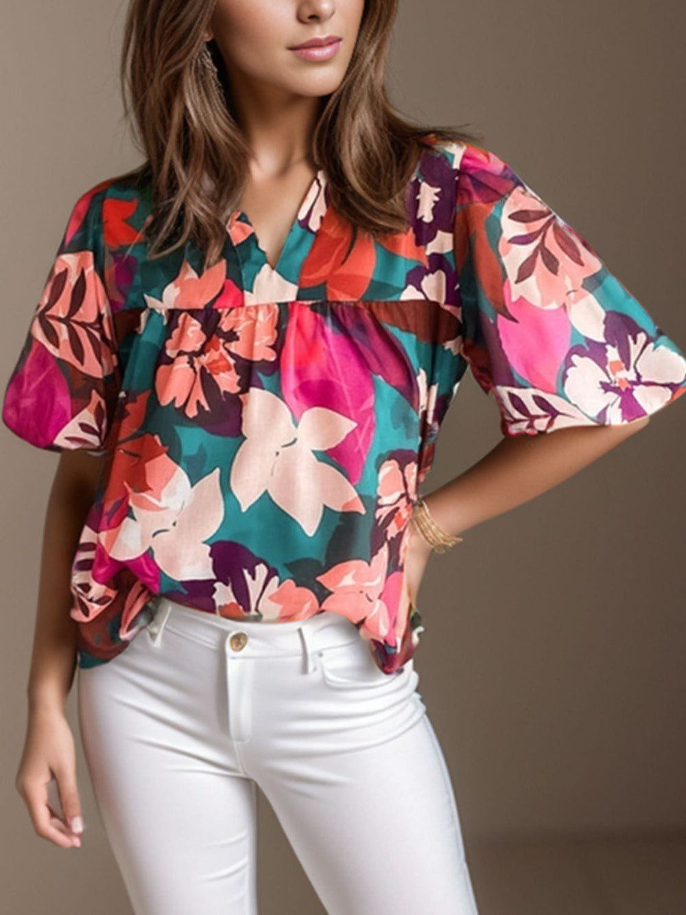 Printed Notched Puff Sleeve Blouse - Trendsi