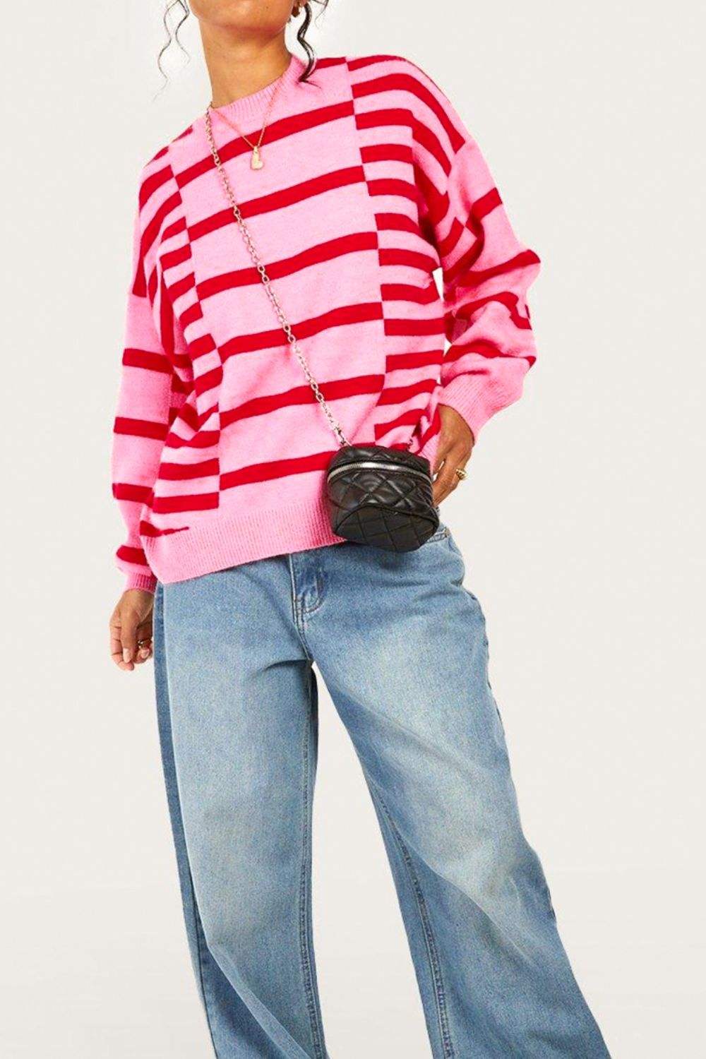 Striped Round Neck Dropped Shoulder Sweater - Trendsi - Flyclothing LLC
