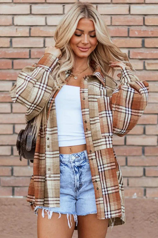 Plaid Snap Down Dropped Shoulder Shacket - Trendsi - Flyclothing LLC
