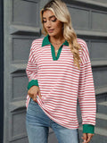 Striped Johnny Collar Long Sleeve Sweatshirt - Trendsi - Flyclothing LLC