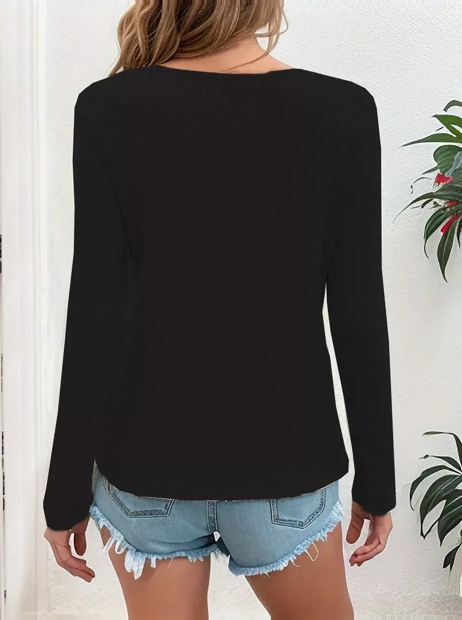 Waffle Knit Button-Detail V-Neck T-Shirt - Trendsi - Flyclothing LLC