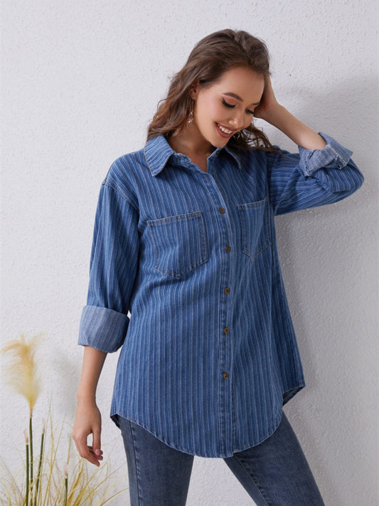 Pocketed Striped Button Up Denim Shirt - Trendsi