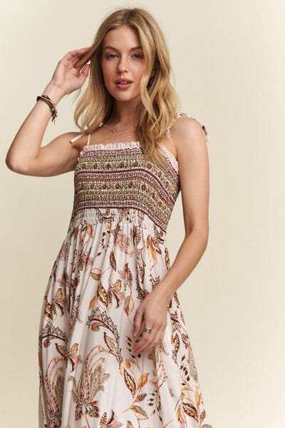 ADORA Smocked Printed Square Neck Tie Shoulder Cami Dress - Trendsi - Flyclothing LLC