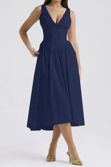 Ruched V-Neck Sleeveless Dress with Pockets - Trendsi - Flyclothing LLC