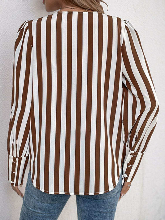 Perfee Striped Round Neck Long Sleeve Blouse - Trendsi - Flyclothing LLC