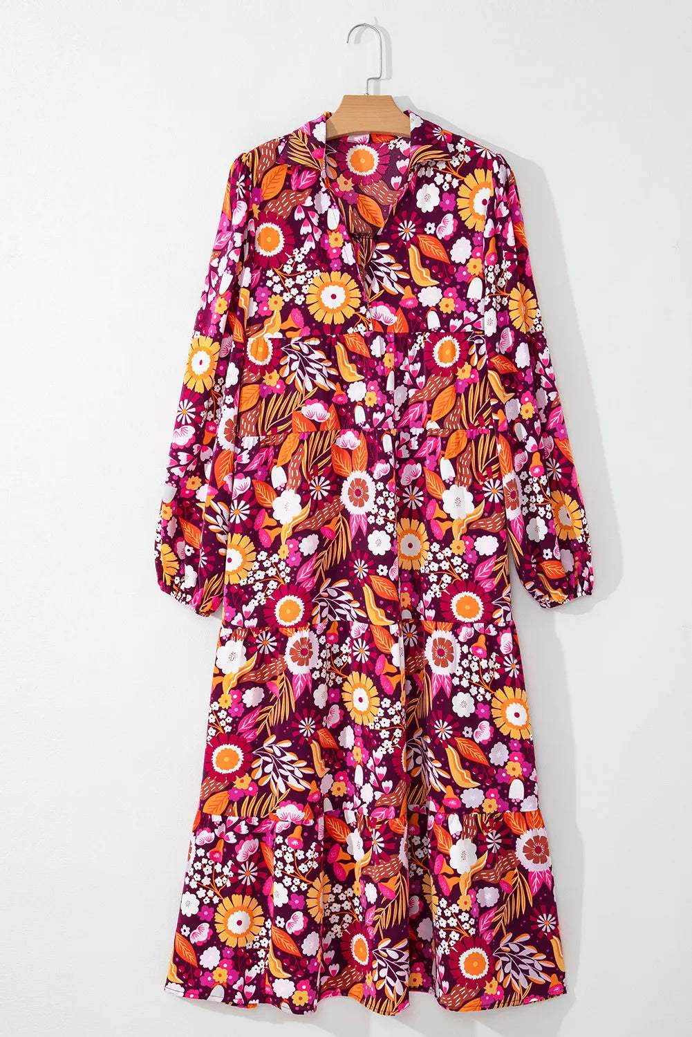 Printed Johnny Collar Long Sleeve Midi Dress - Trendsi - Flyclothing LLC