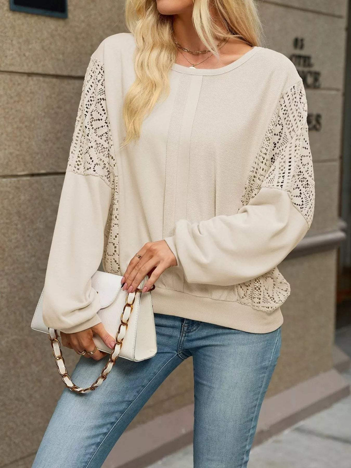 Lace Sleeve Crew Neck Sweatshirt - Trendsi - Flyclothing LLC