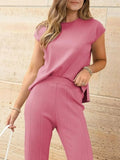 Casual Solid Color Cap Sleeve Top and Pants Knit Set - Trendsi - Flyclothing LLC