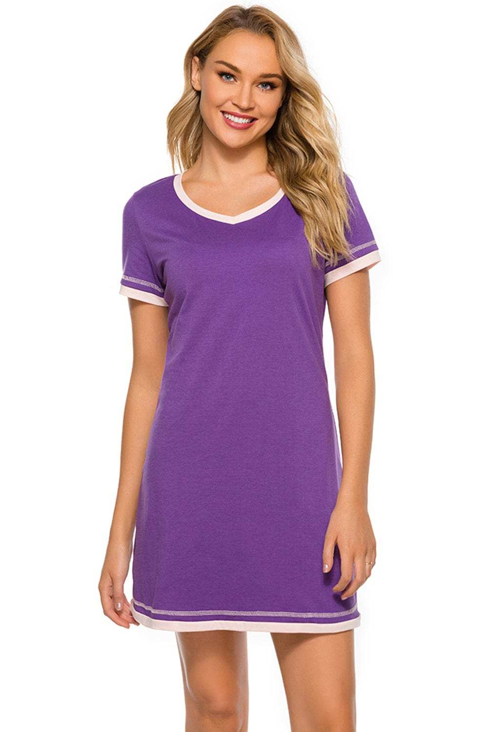 Contrast Trim Short Sleeve Lounge Dress - Trendsi - Flyclothing LLC