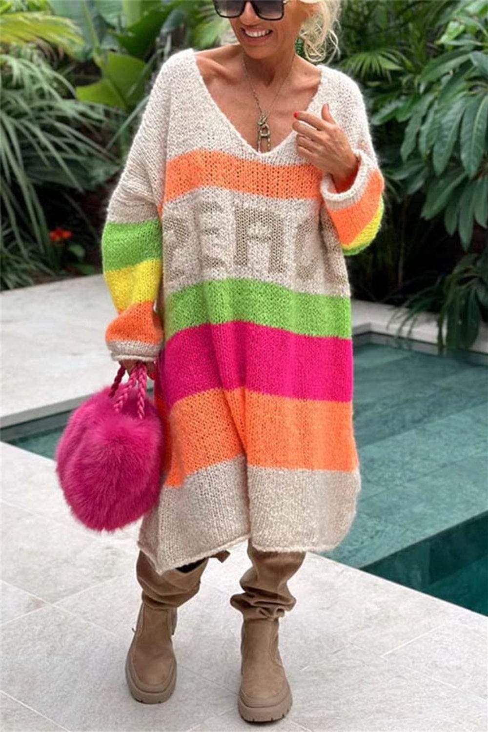 Color Block V-Neck Long Sleeve Sweater Dress - Trendsi - Flyclothing LLC