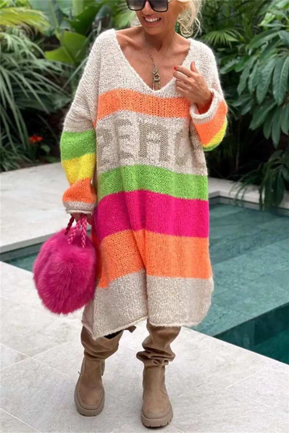 Color Block V-Neck Long Sleeve Sweater Dress - Trendsi - Flyclothing LLC