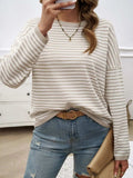 Striped Round Neck Dropped Shoulder Sweater - Trendsi - Flyclothing LLC