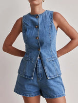 Button Down Vest and Shorts Denim Set - Trendsi - Flyclothing LLC
