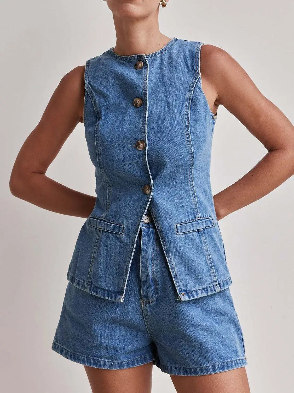 Button Down Vest and Shorts Denim Set - Trendsi - Flyclothing LLC