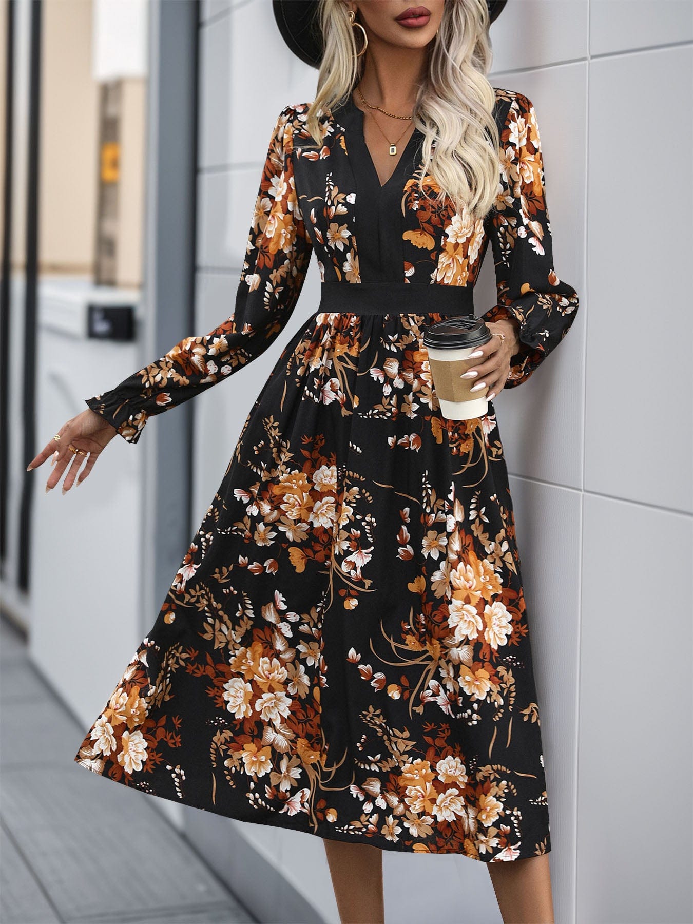 Printed Notched Long Sleeve Midi Dress - Trendsi