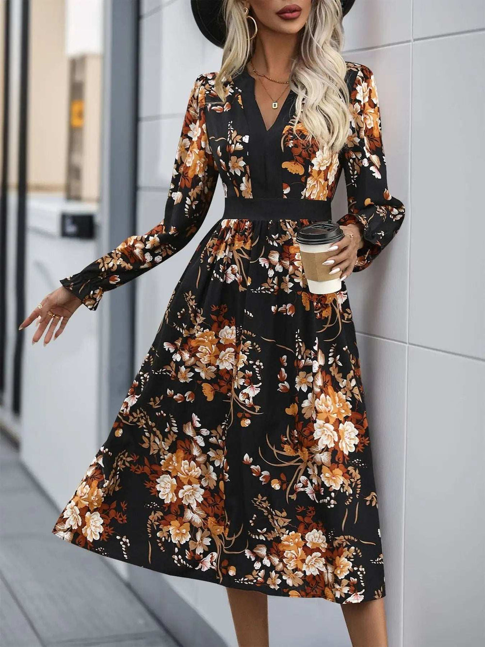 Printed Notched Long Sleeve Midi Dress - Trendsi - Flyclothing LLC