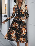 Printed Notched Long Sleeve Midi Dress - Trendsi - Flyclothing LLC