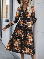 Printed Notched Long Sleeve Midi Dress - Trendsi