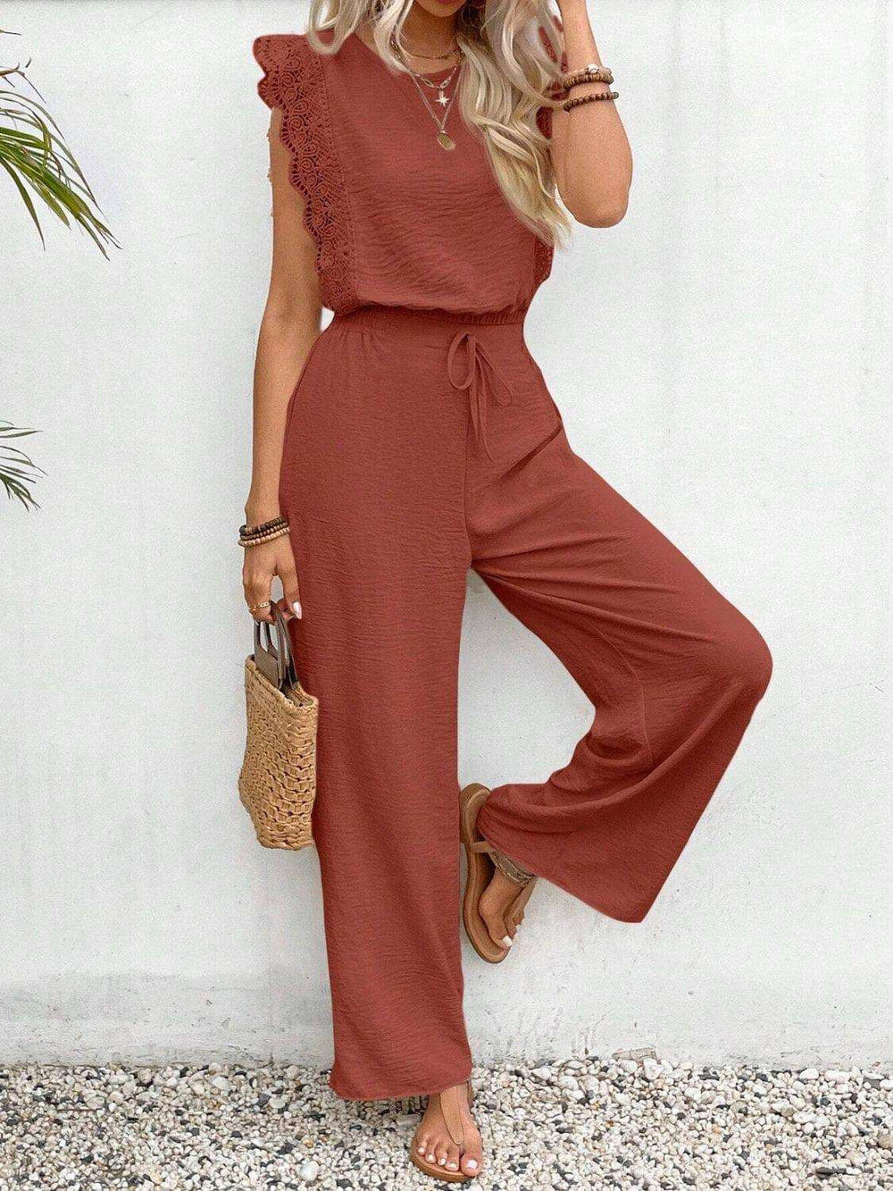 Lace Trim Round Neck Top and Pants Set - Trendsi - Flyclothing LLC