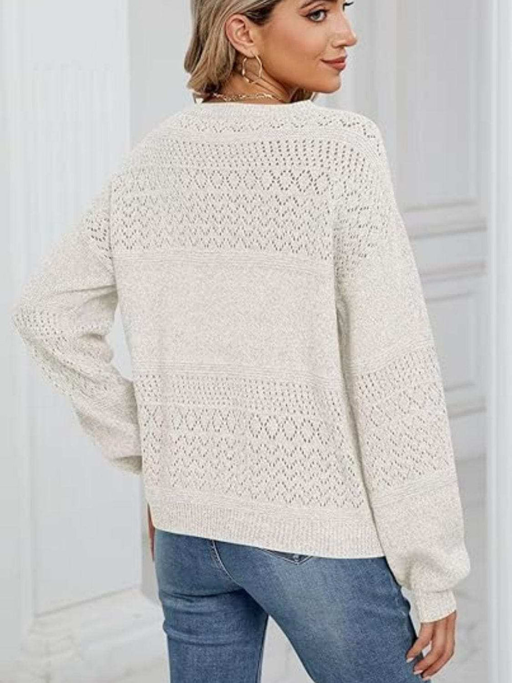 Eyelet V-Neck Long Sleeve Sweater - Trendsi - Flyclothing LLC
