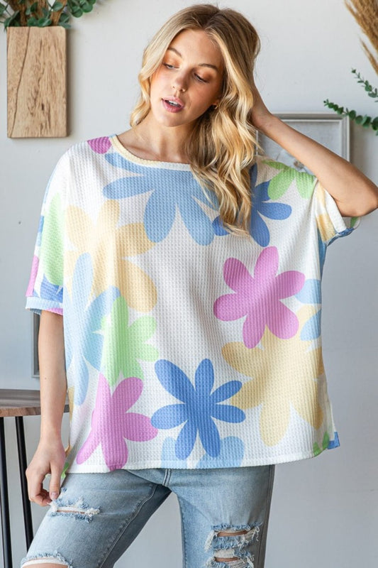 HOPELY Floral Round Neck Waffle T-Shirt - Trendsi