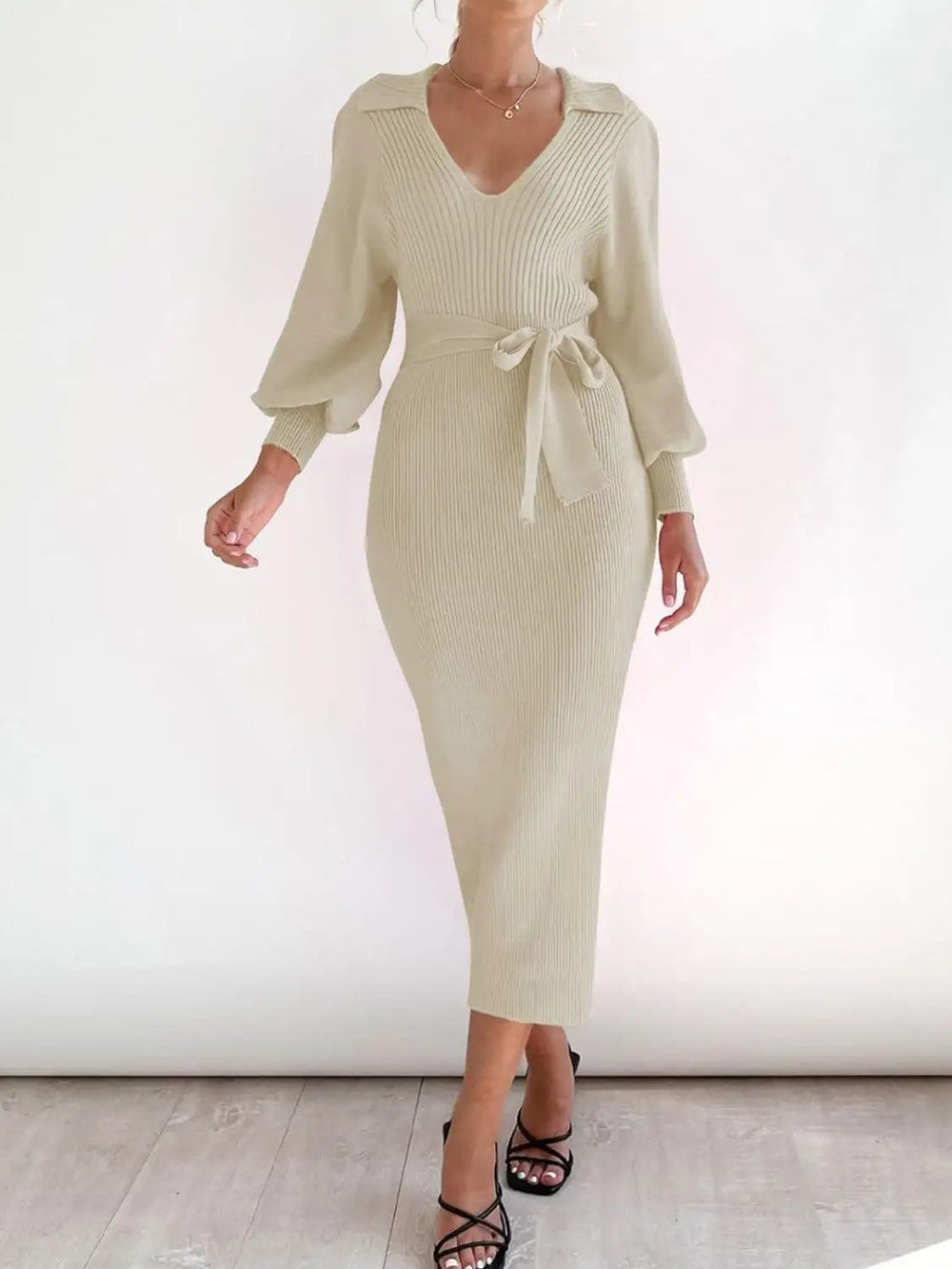 Tied Long Sleeve Wrap Sweater Dress - Trendsi