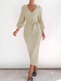 Tied Long Sleeve Wrap Sweater Dress - Trendsi