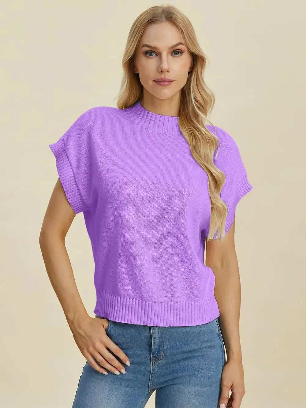Double Take Full Size Mock Neck Short Sleeve Sweater - Trendsi - Flyclothing LLC
