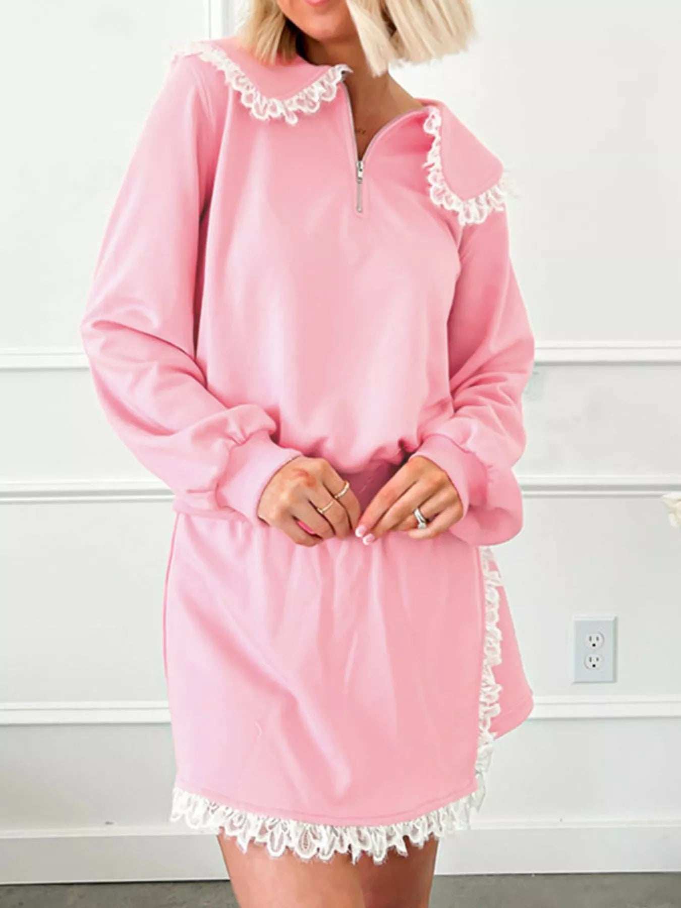 Peter Pan Lace Embellished Neck Sweatshirt and Skirt Two Piece Set - Trendsi - Flyclothing LLC