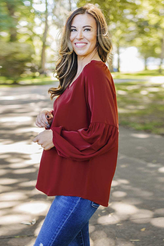 Ruched Notched Balloon Sleeve Blouse - Trendsi - Flyclothing LLC