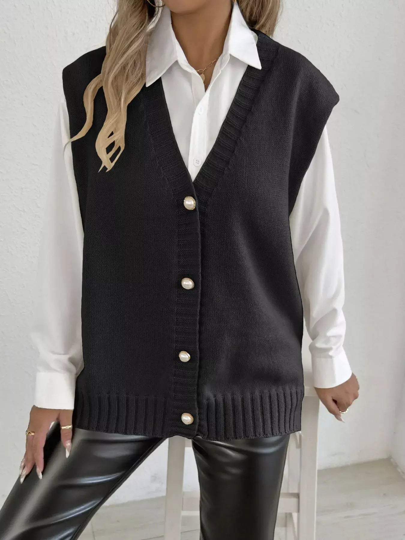 Button-Down Button Up Sweater Vest - Trendsi - Flyclothing LLC