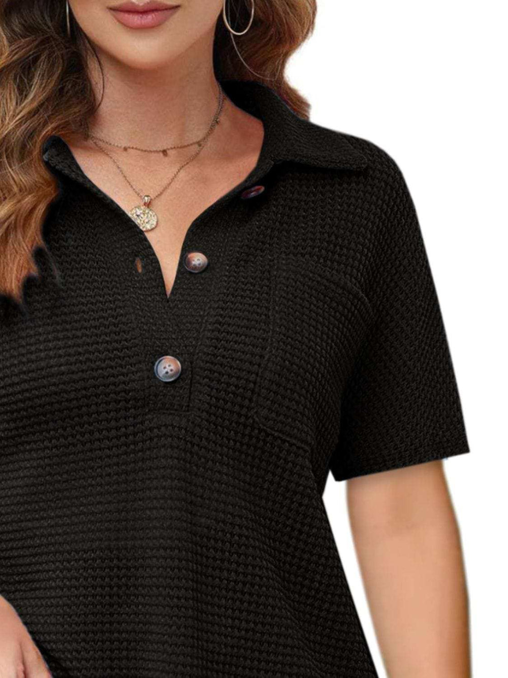 Waffle-Knit Short Sleeve Polo Shirt - Trendsi - Flyclothing LLC