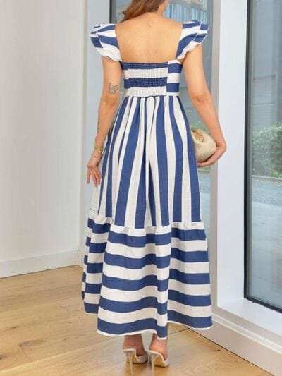 Smocked Striped Square Neck Cap Sleeve Dress - Trendsi - Flyclothing LLC