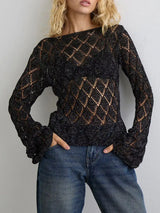 Openwork Long Sleeve Sweater - Trendsi - Flyclothing LLC