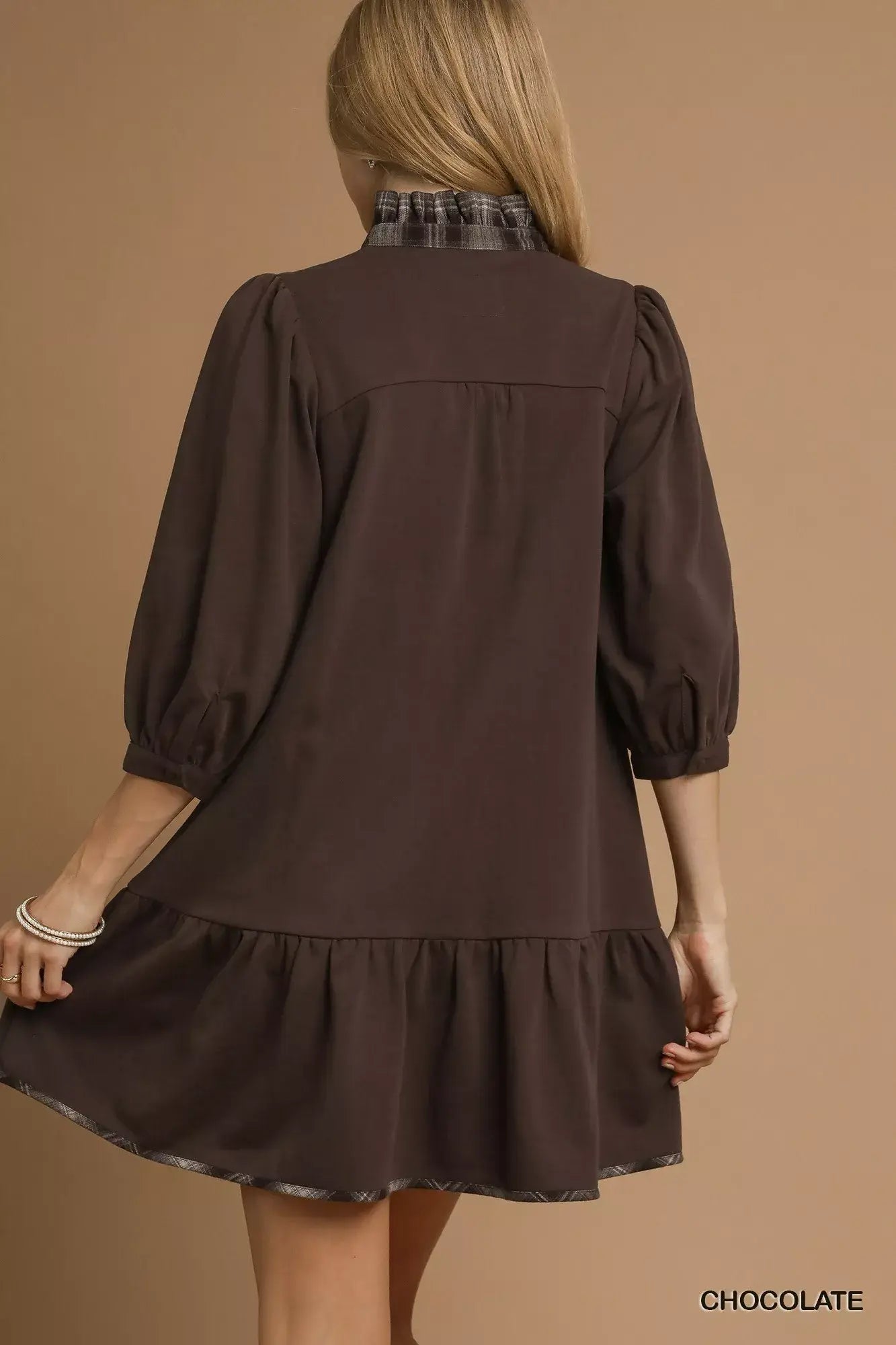 Umgee French Terry Ruffle Hem Dress with Plaid Trim - Trendsi - Flyclothing LLC