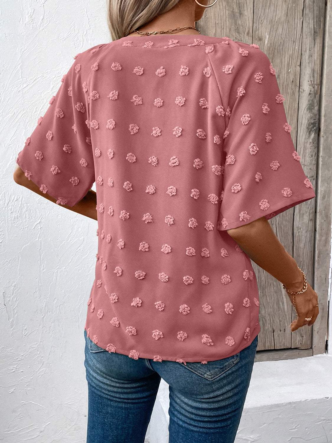 Swiss Dot Notched Half Sleeve Blouse - Trendsi - Flyclothing LLC