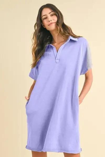 Annie Wear Mineral Washed Johnny Collar Short Sleeve Dress - Trendsi