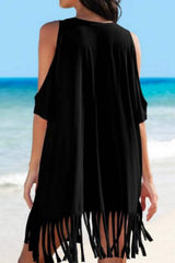 Fringe V-Neck Cold Shoulder Cover Up - Trendsi - Flyclothing LLC