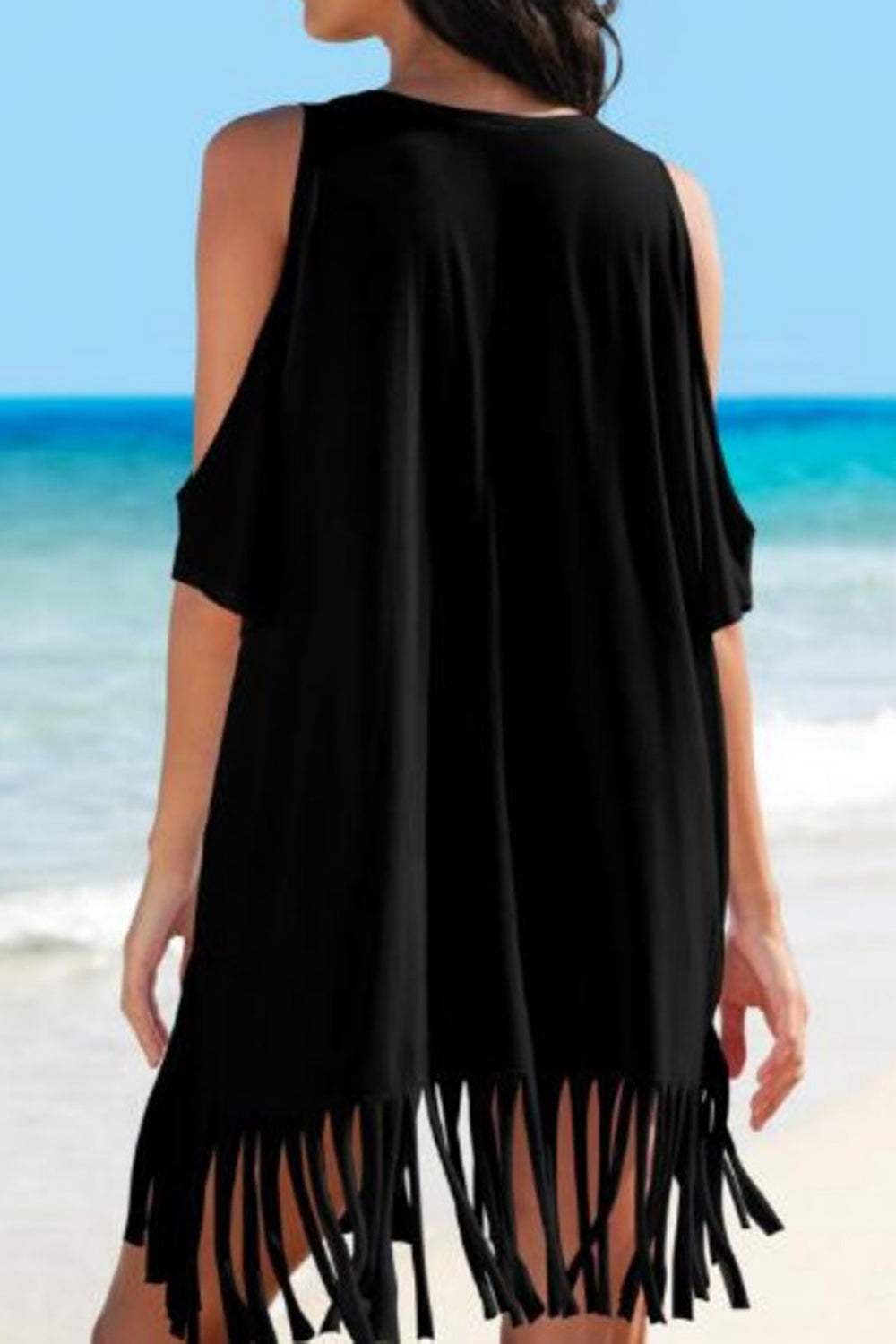 Fringe V-Neck Cold Shoulder Cover Up - Trendsi - Flyclothing LLC