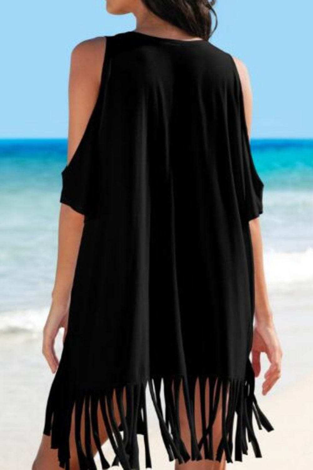 Fringe V-Neck Cold Shoulder Cover Up - Trendsi - Flyclothing LLC