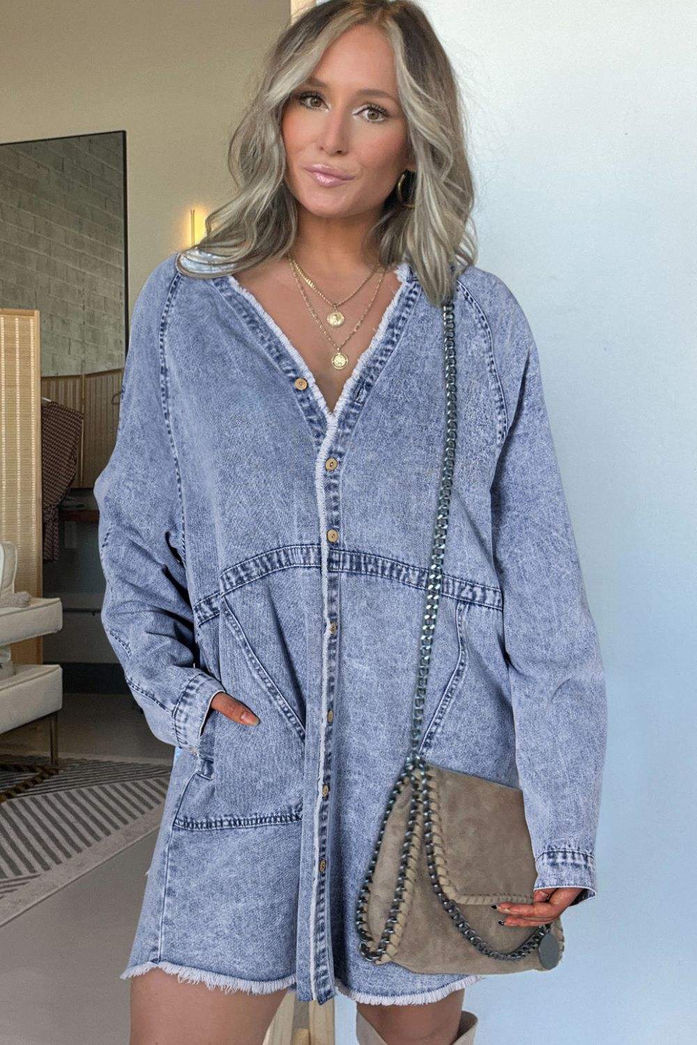 Raw Hem Button Down Long Sleeve Denim Dress - Trendsi - Flyclothing LLC