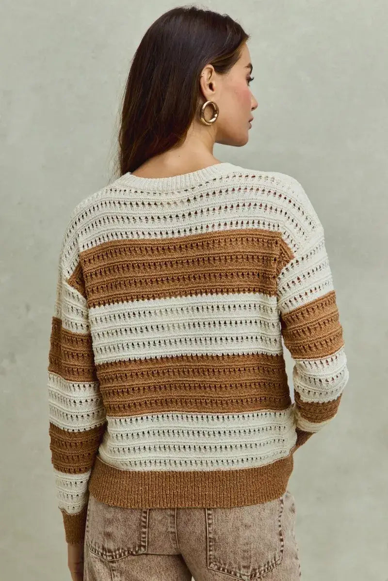 SO ME Openwork Round Neck Wide Stripe Textured Sweater - Trendsi - Flyclothing LLC