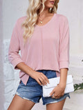 Textured Round Neck Three-Quarter Sleeve Blouse - Trendsi - Flyclothing LLC
