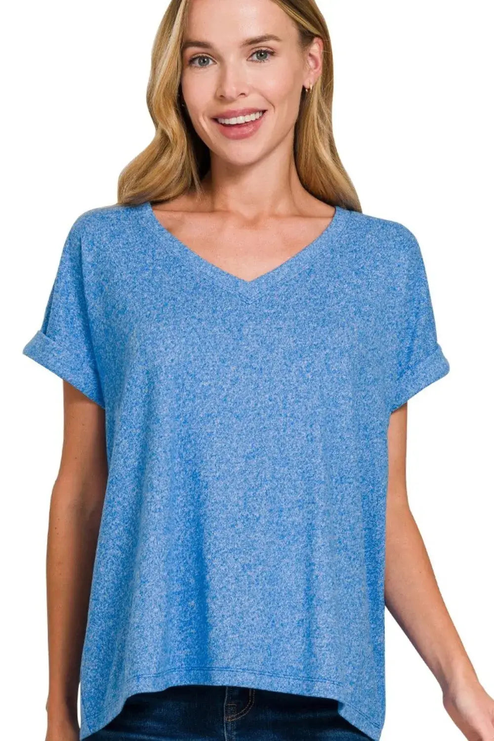 Zenana Soft Melange Hacci V-neck Tee - Trendsi - Flyclothing LLC