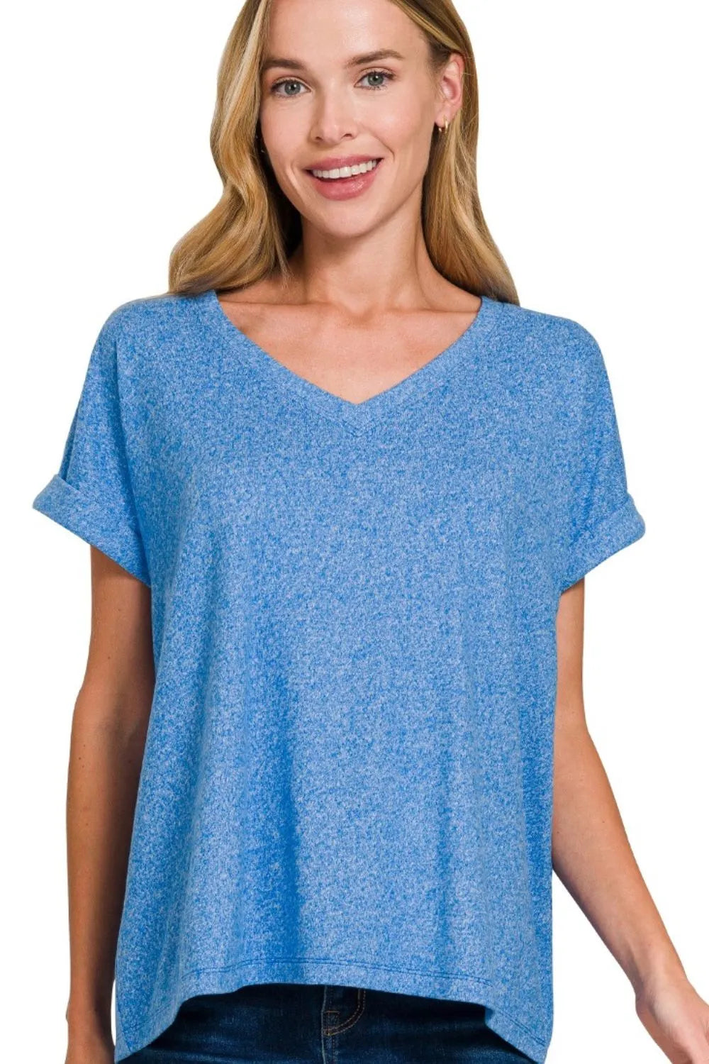 Zenana Soft Melange Hacci V-neck Tee - Trendsi