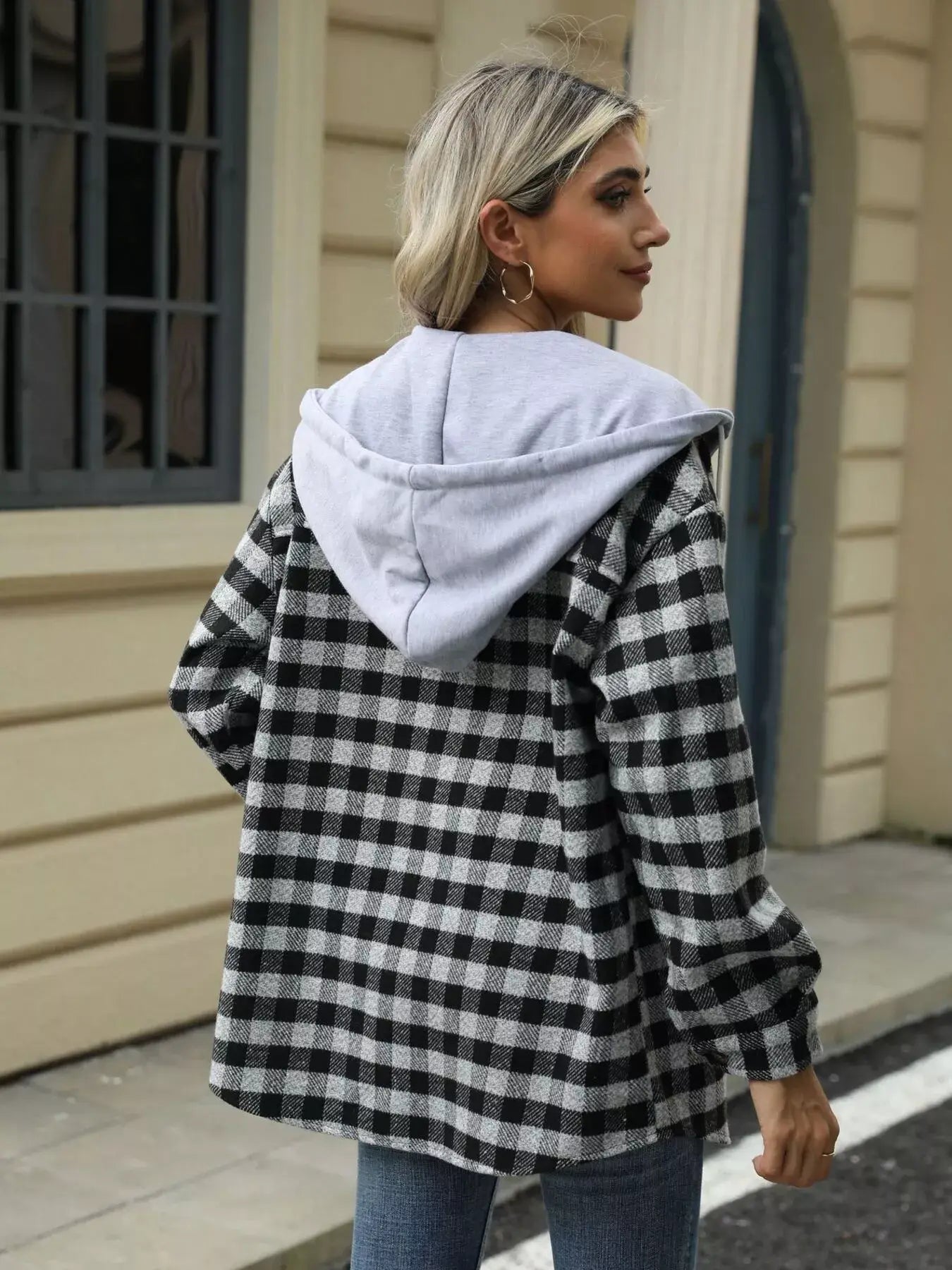 Plaid Button Up Long Sleeve Drawstring Hooded Jacket - Trendsi - Flyclothing LLC